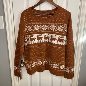 POL‎ Women's Large Brown Rust Reindeer Snowflake Fair Isle Knit Sweater